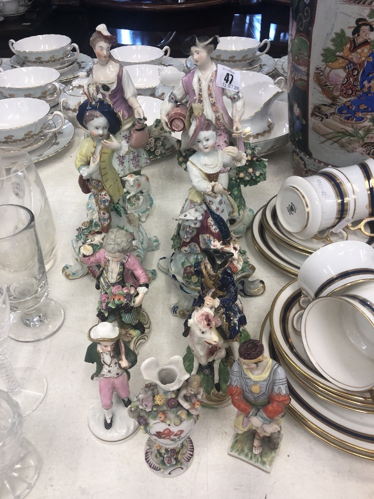 Nine porcelain figures including 18/19th Century Worcester and Derby some damaged