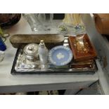 A quantity of assorted sundries including a silver double stamp holder and a WMF tray