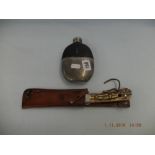 A Harrods hip flask plus a Puma hunting knife with stag horn handle