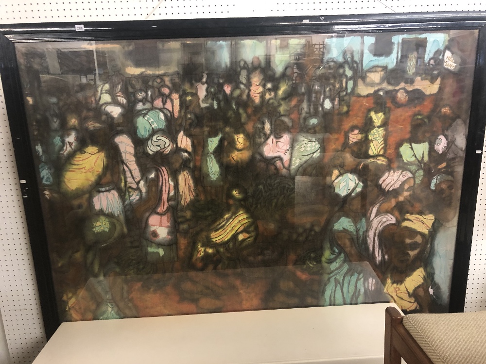 LARGE FRAMED BATIK AFRICAN MARKET SCENE, - Image 2 of 3