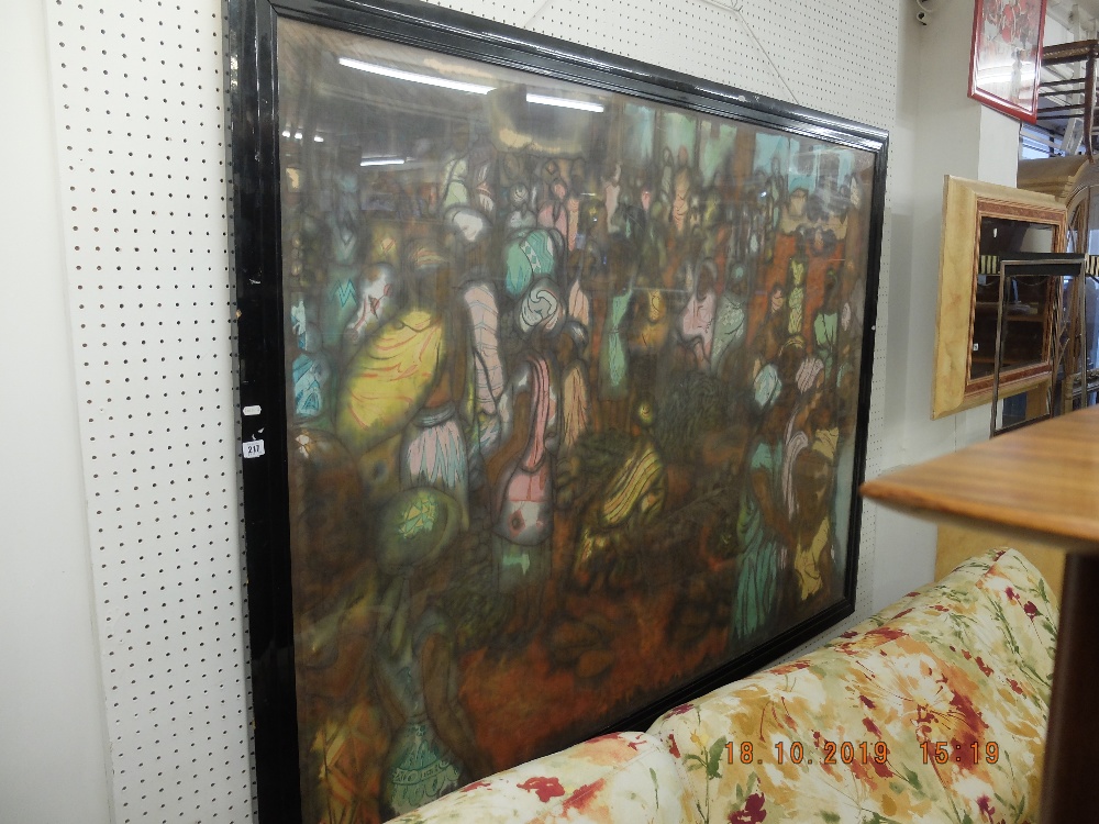 LARGE FRAMED BATIK AFRICAN MARKET SCENE,