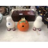 A Carlton Ware condiment set and an orange preserve pot