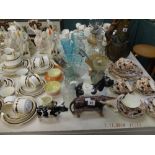 A mixed assortment of assorted sundries including oil lamp and bachelor tea set
