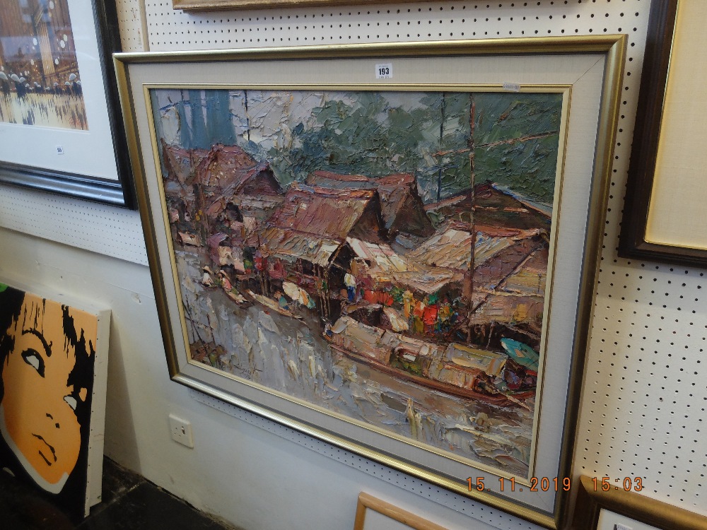 A framed oil on canvas Bangkok street scene artist Sujarit Hirankul 1973