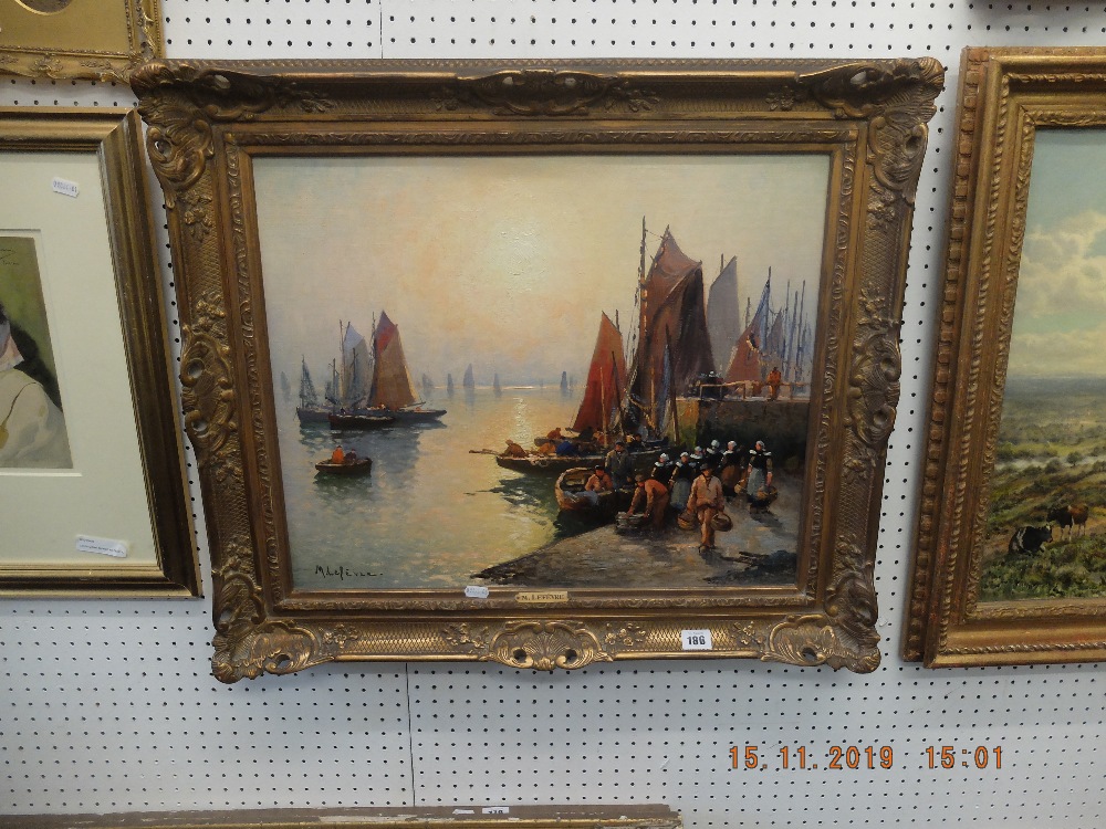 A gilt framed French post impressionist oil painting of fishing boats artist M Lefevere