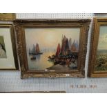 A gilt framed French post impressionist oil painting of fishing boats artist M Lefevere