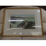 A 19th century framed colour engraving, coastal scene with figures,