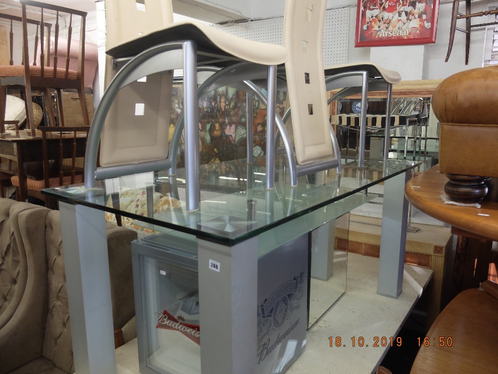 A contemporary glass table and six chairs