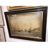 A framed 19th century watercolour of Navy battle