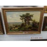 A large framed oil painting pastoral landscape with cattle (valley)