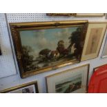 A gilt framed oil on canvas pastoral scene with stream & farmstead