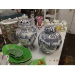 Two blue and white lidded vases