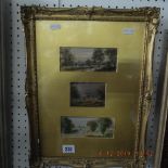 A set of three miniature watercolours in gilt frame,