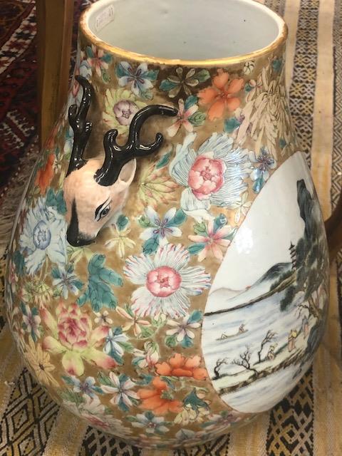 A Chinese famille rose vase with deer head handles with seal mark to base, approx. - Image 33 of 44