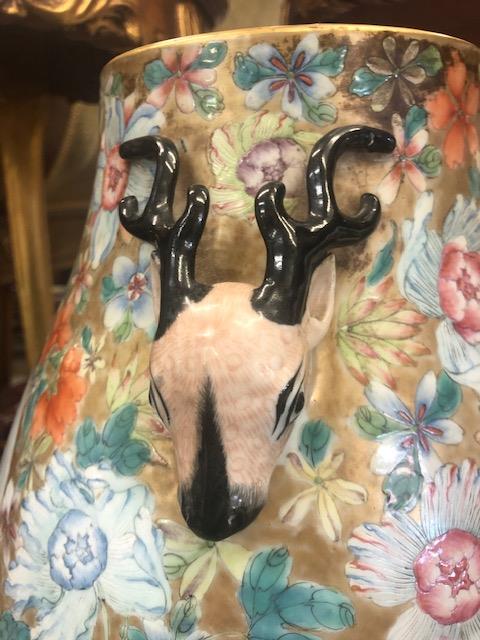 A Chinese famille rose vase with deer head handles with seal mark to base, approx. - Image 28 of 44