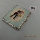 An art deco continental sterling silver & guilloche enamel cigarette case with dancing couple,