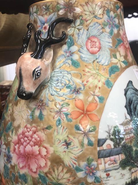 A Chinese famille rose vase with deer head handles with seal mark to base, approx. - Image 21 of 44