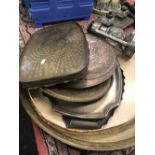 A quantity of assorted metalware including Victorian bed warms and eastern brass and copper trays