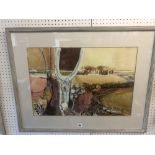 A contemporary framed watercolour pastoral landscape.