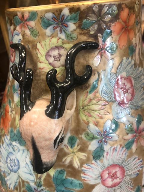 A Chinese famille rose vase with deer head handles with seal mark to base, approx. - Image 27 of 44