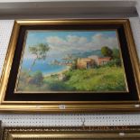A framed oil on canvas continental scene. Dimensions 72xm x 92cm.