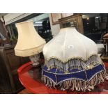 Three vintage lamp shades and two lamps