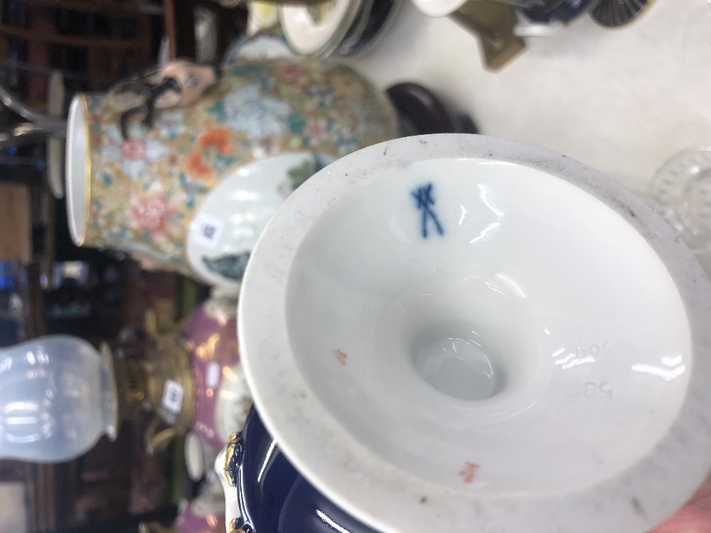 A pair of blue ground Dresden vases, hand painted with flowers, - Image 3 of 3