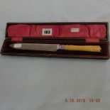 A boxed bread knife with bone handle