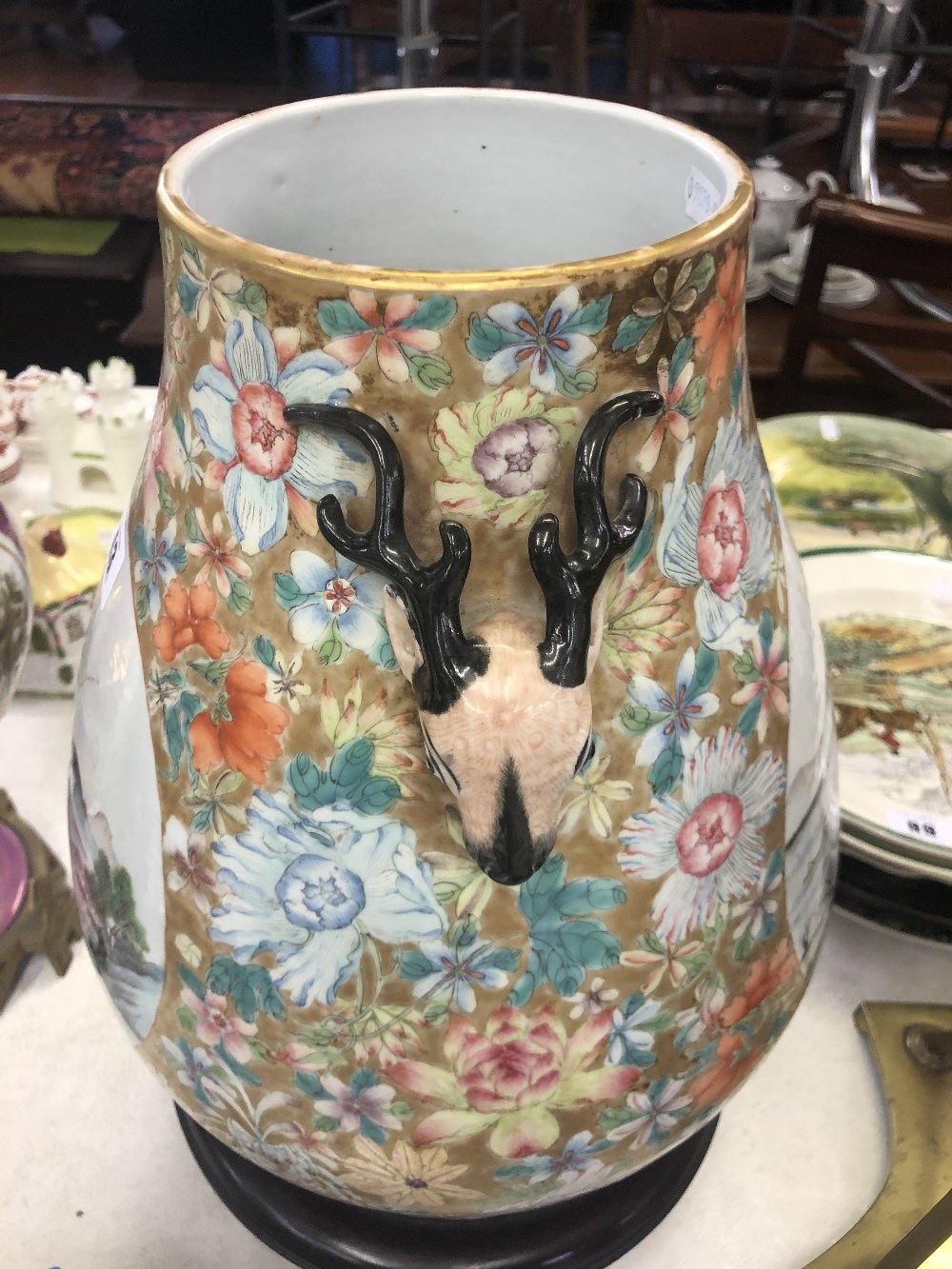 A Chinese famille rose vase with deer head handles with seal mark to base, approx. - Image 2 of 44