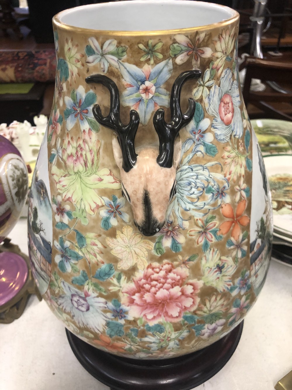 A Chinese famille rose vase with deer head handles with seal mark to base, approx. - Image 4 of 44