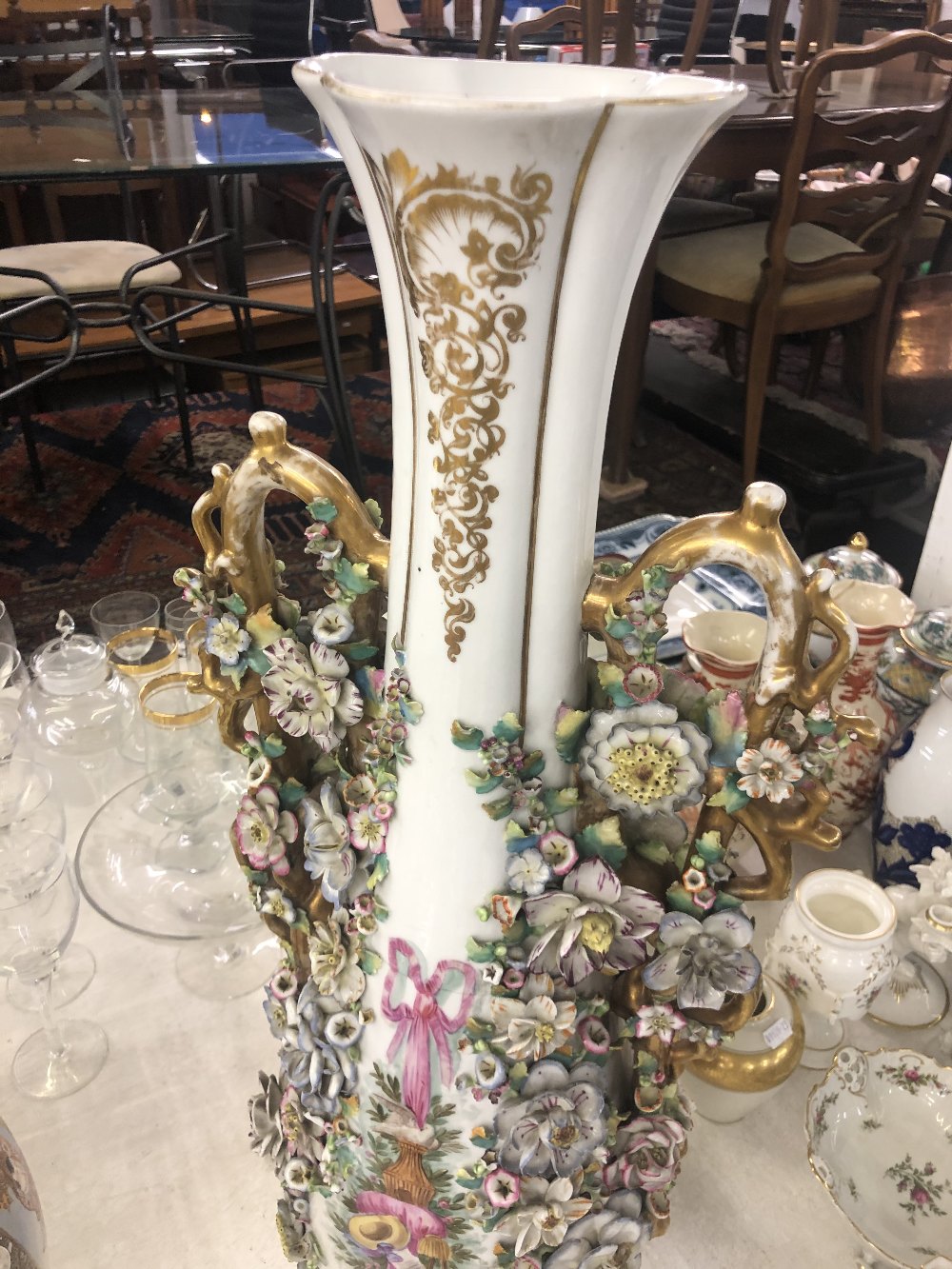 A fine quality twin handle continental porcelain in style of Meissen with applied flowers, - Image 5 of 7