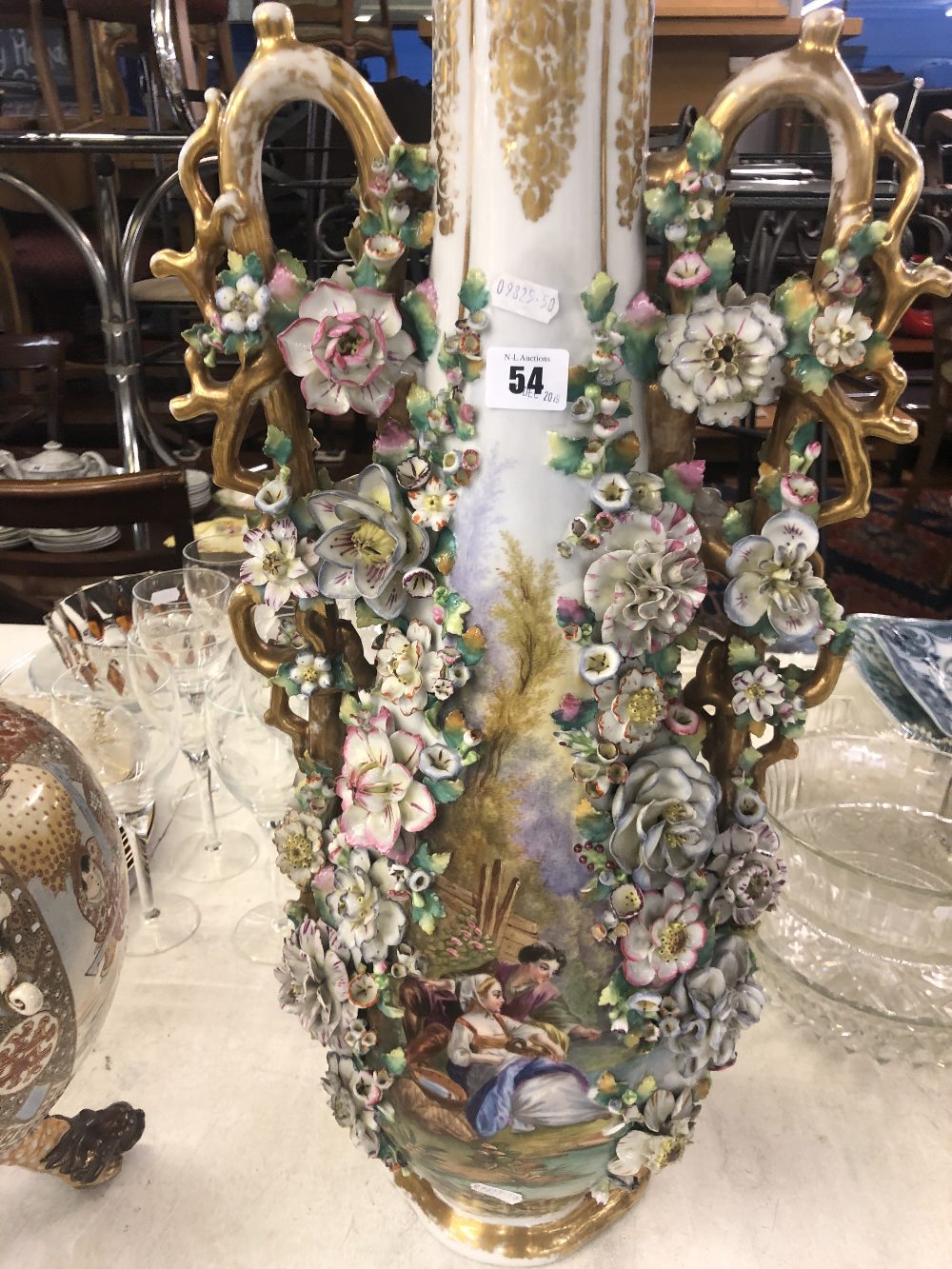 A fine quality twin handle continental porcelain in style of Meissen with applied flowers, - Image 2 of 7