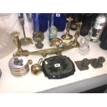 An assortment of brass including a lovely cruet and brass crocodile figure