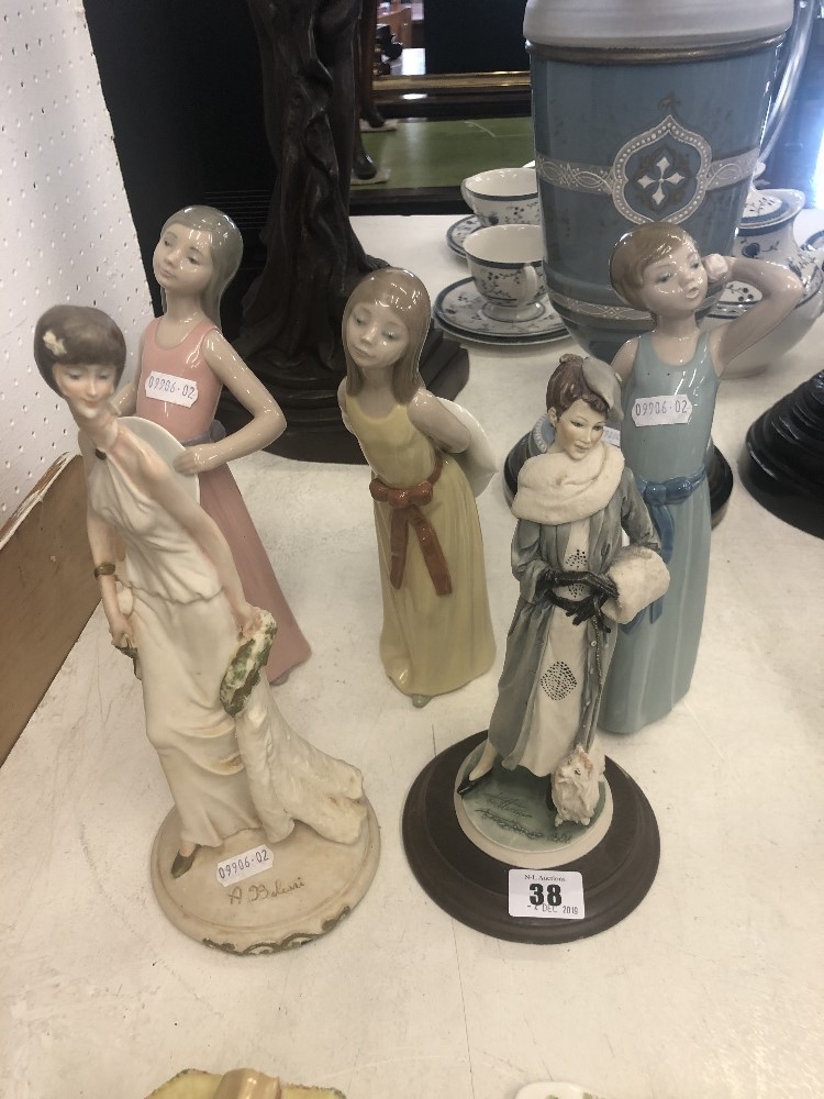 Three Lladro figures and two others