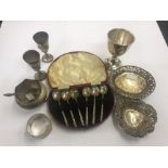 A Victorian eastern design silver salt cauldron and spoon plus assorted other items of silver &