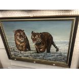 An oil on canvas of snow tigers signed (1983) 101cm W x 71cm H