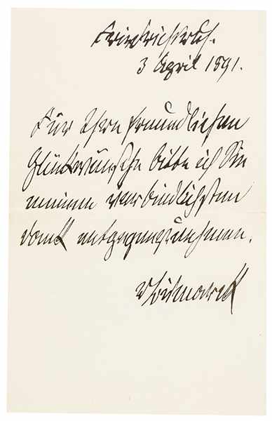 Bismarck, Otto von. Eigenhändiger, datierter und signierter Brief an Carl Bollmann. Tinte auf