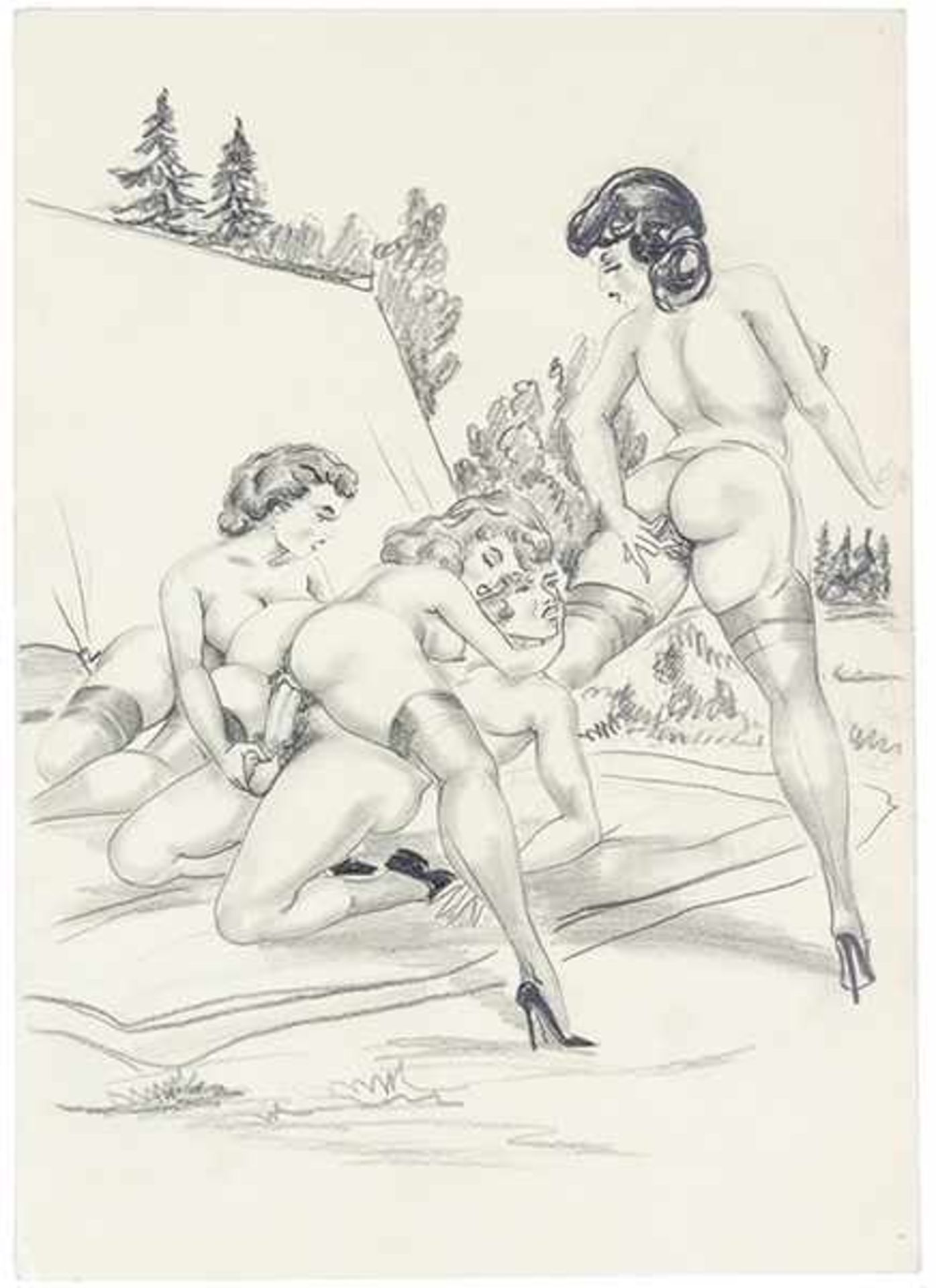 Drei Mannequins am Wochenende. Mit 10 Original-Bleistiftzeichnungen. Hamburg, 1962. 2 Bl. ( - Bild 2 aus 6