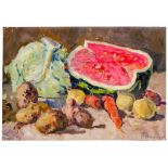 Russische Kunst - - Nikonov, Pavel F. Stilleben mit Feldfrüchten und halbierter Melone. Öl auf