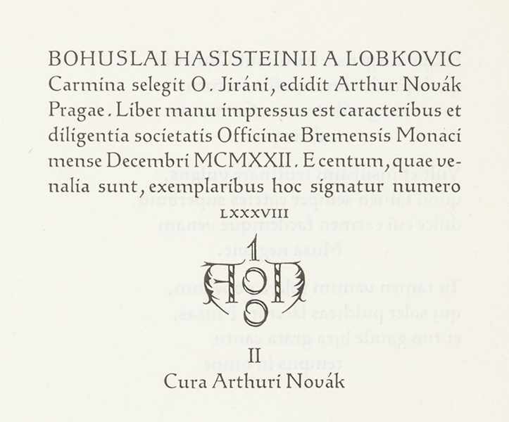 Bremer Presse - - Lobkowitz von Hassenstein, Bohuslaw. Carmina Selecta. Herausgegeben von Arthur