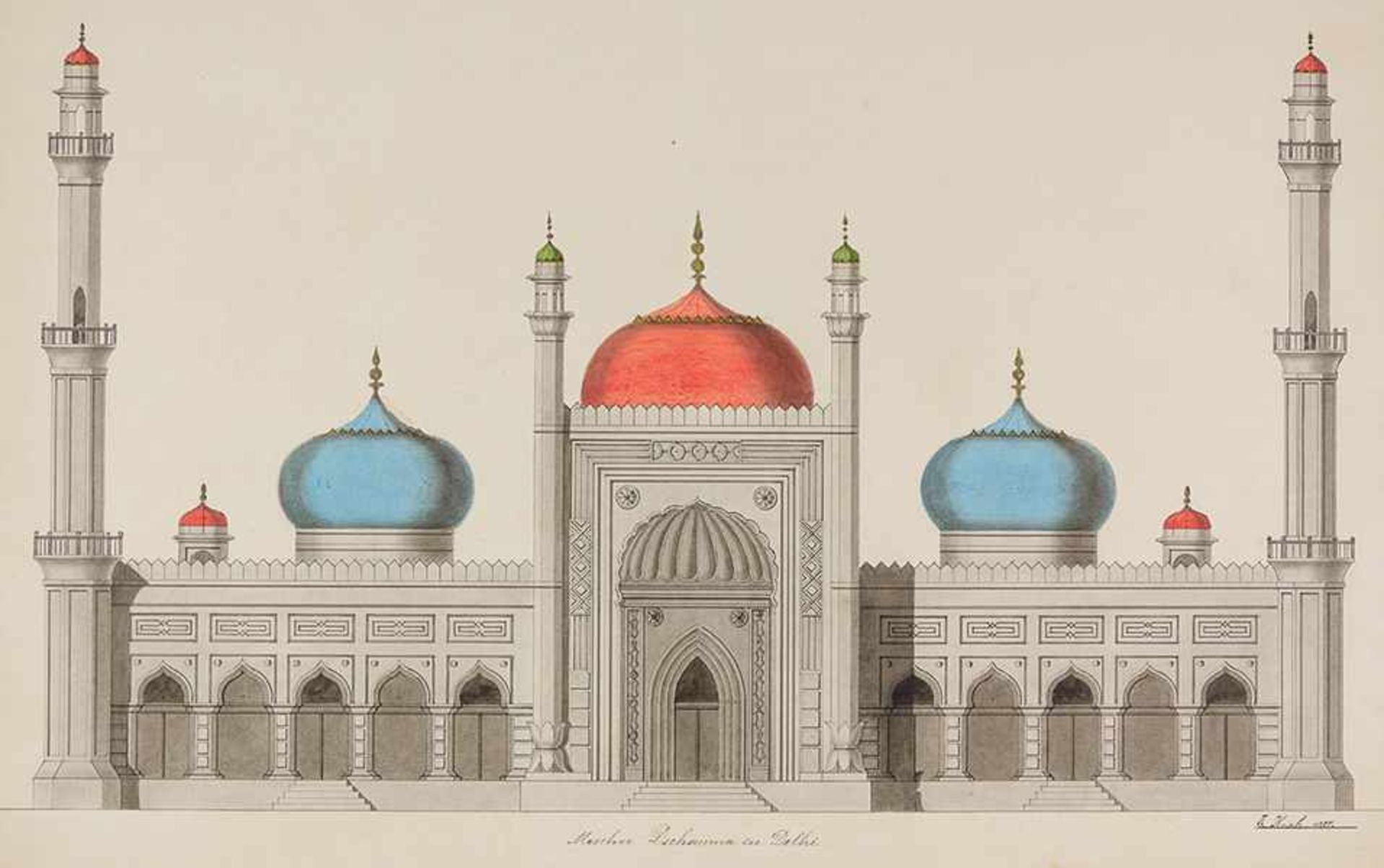 Ansichten - Delhi - - Krah, E. Moschee Dschamma (Jama) in Delhi. Kolorierte und lavierte