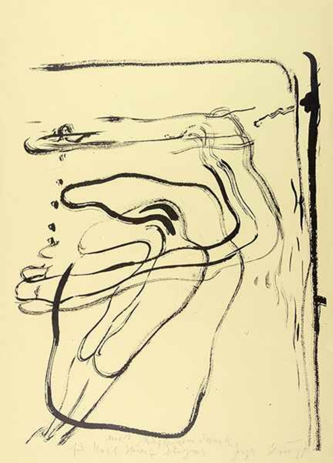 Beuys, Joseph. Schwimmer unter Wasser. Blatt aus "Spur I". Lithographie auf gelblichem Bütten. Links