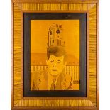 Unbekannt. Porträt von John F. Kennedy vor dem Turm des Rathauses Schöneberg. Holz intarsiert und