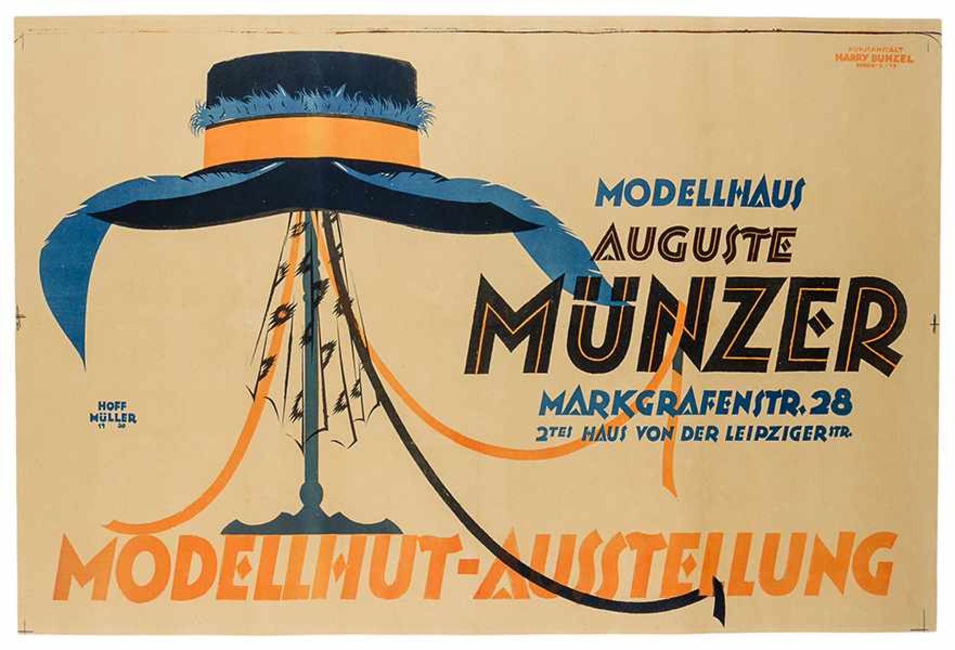 Plakate - - Hoffmüller, Reinhard. Modellhut-Ausstellung. Modellhaus Auguste Münzer. Farbig