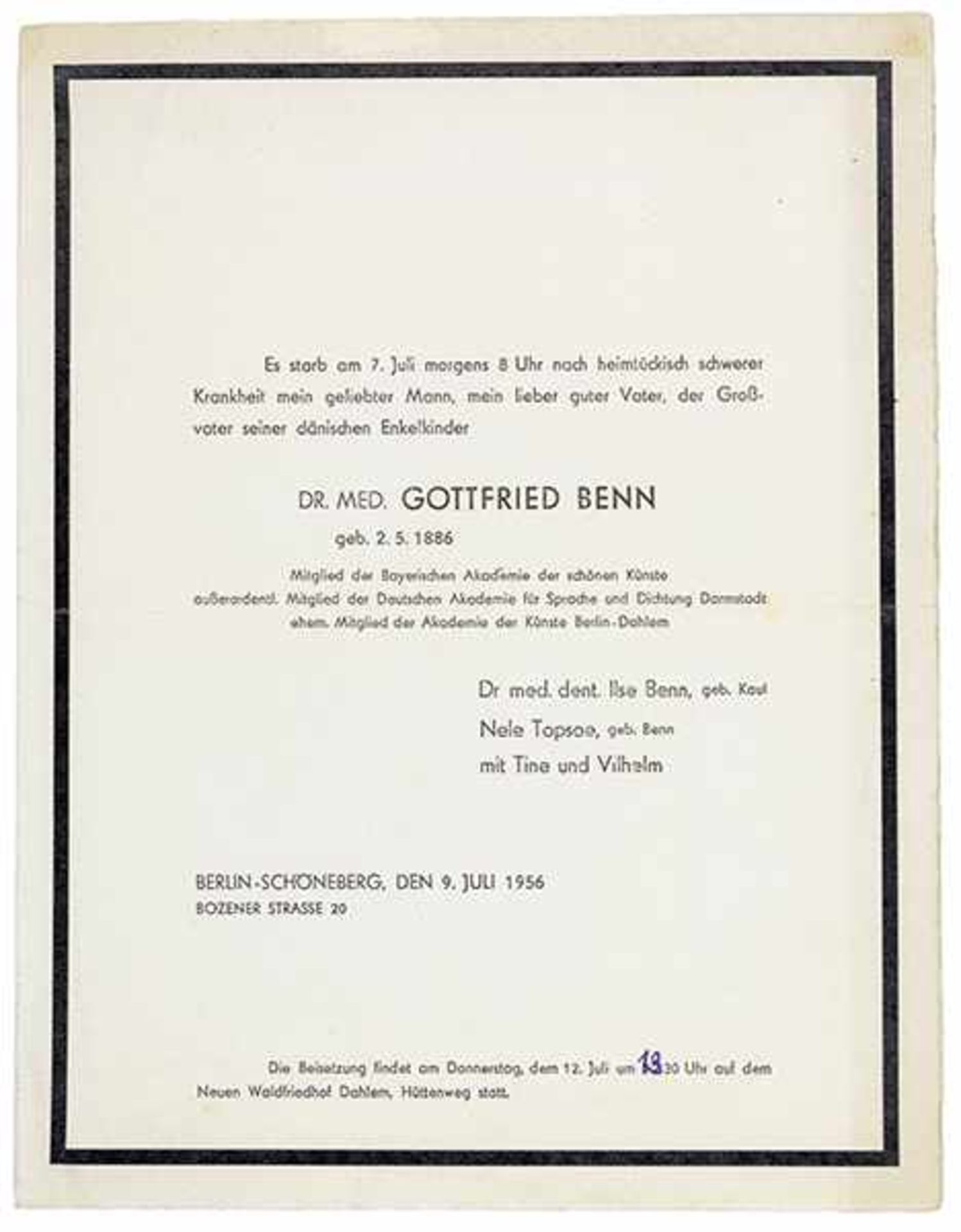 Benn, Gottfried - - Traueranzeige zum Tode Benns am 7. Juli 1956. Berlin, 9. Juli, 1956.