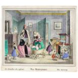 Folge von 11 biedermeierlichen kolorierten Lithographien über das Familienleben. Ca. 1830.