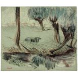 Schad-Rossa, Paul. Liegende Kuh am Teich. Um 1900. Kohle und farbige Pastellkreide auf grünem