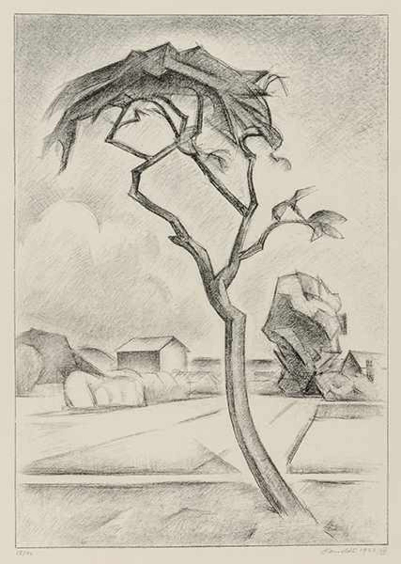 Kanoldt, Alexander. Der Baum (Chiemsee). Lithographie auf JW Zanders (mit dem Einhorn-