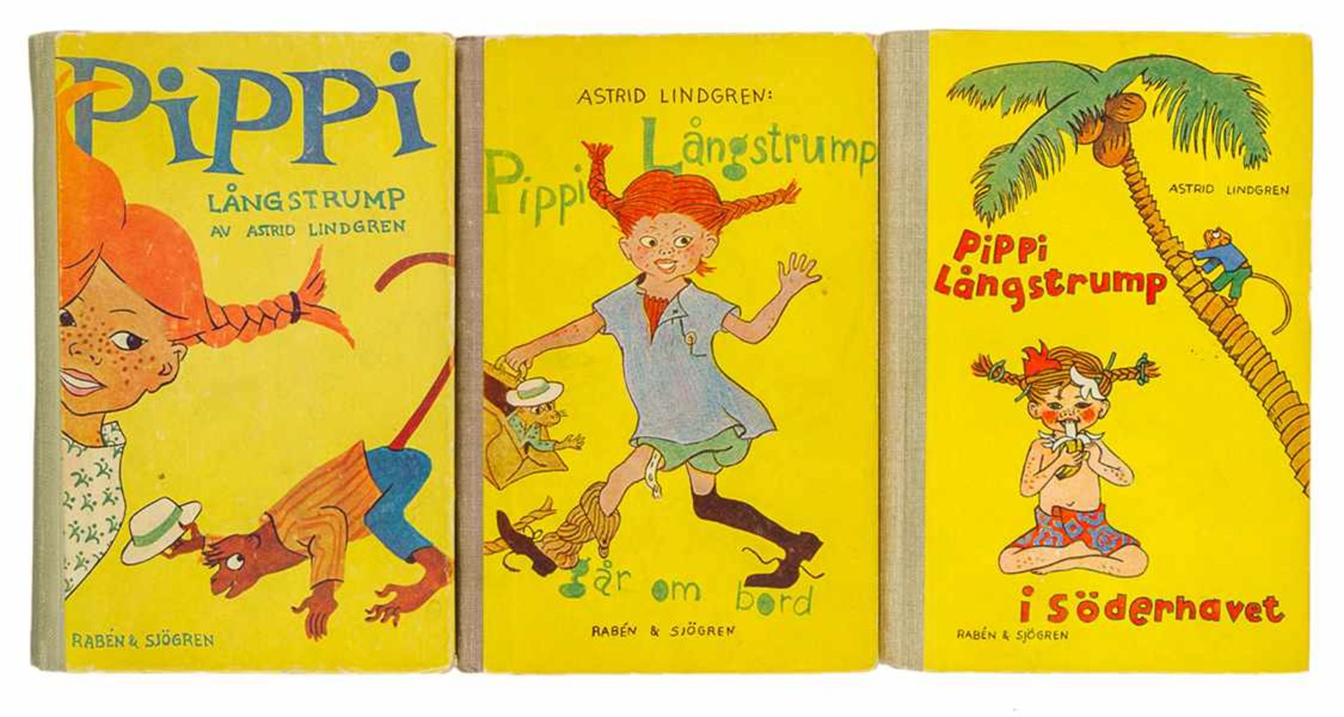 Lindgren, Astrid. Pippi Langstrump. Bände 1-3. Stockholm, Rabén & Stögren, 1945, 1946 und 1948.
