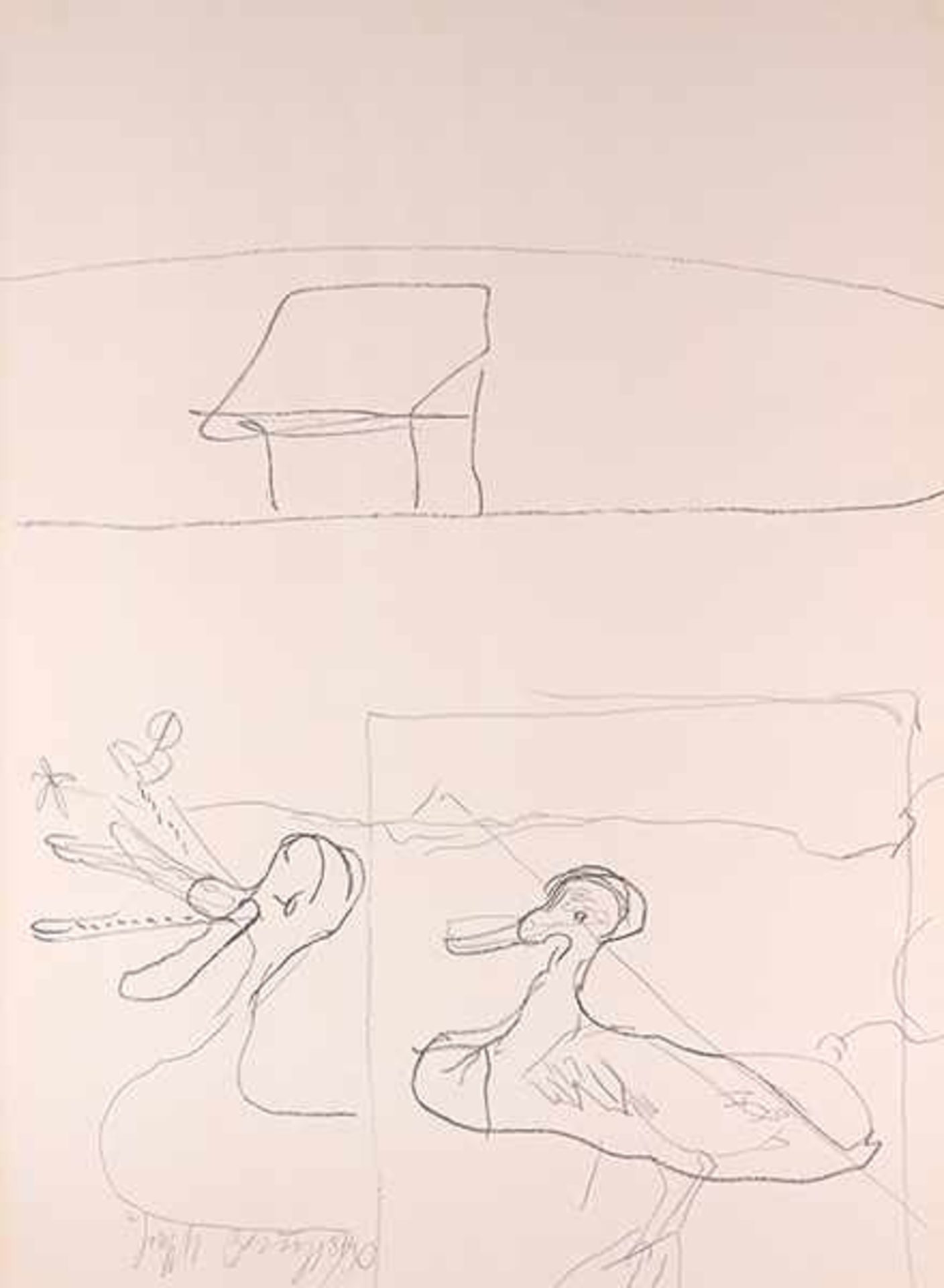 Beuys, Joseph. Geschnatter unterhalb der Hütte. Lithographie auf lachsfarbenem, dünnen Karton. Links